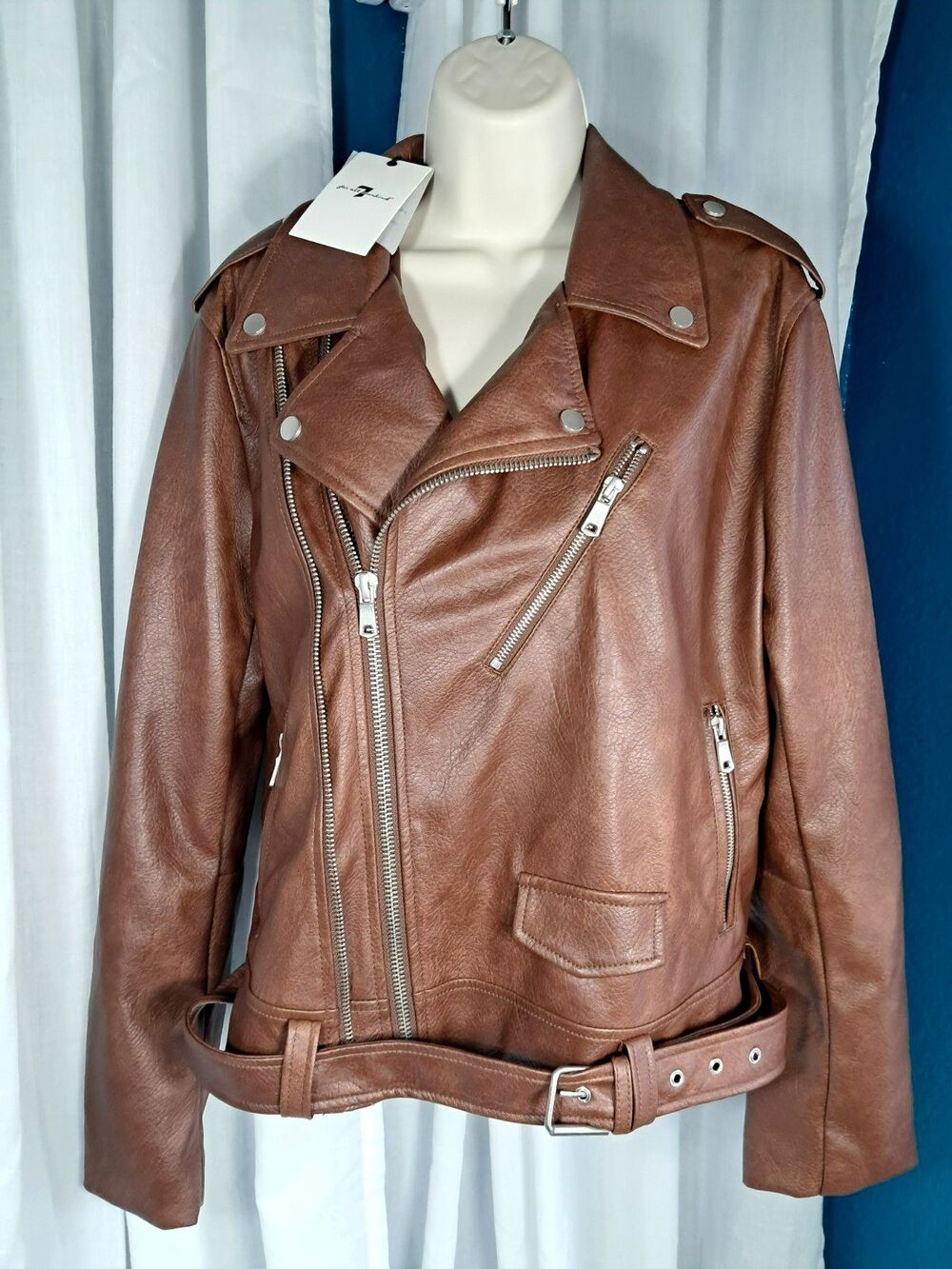 NWT 7 For All Mankind Camel Brown Faux Leather Motto Biker Jacket Large